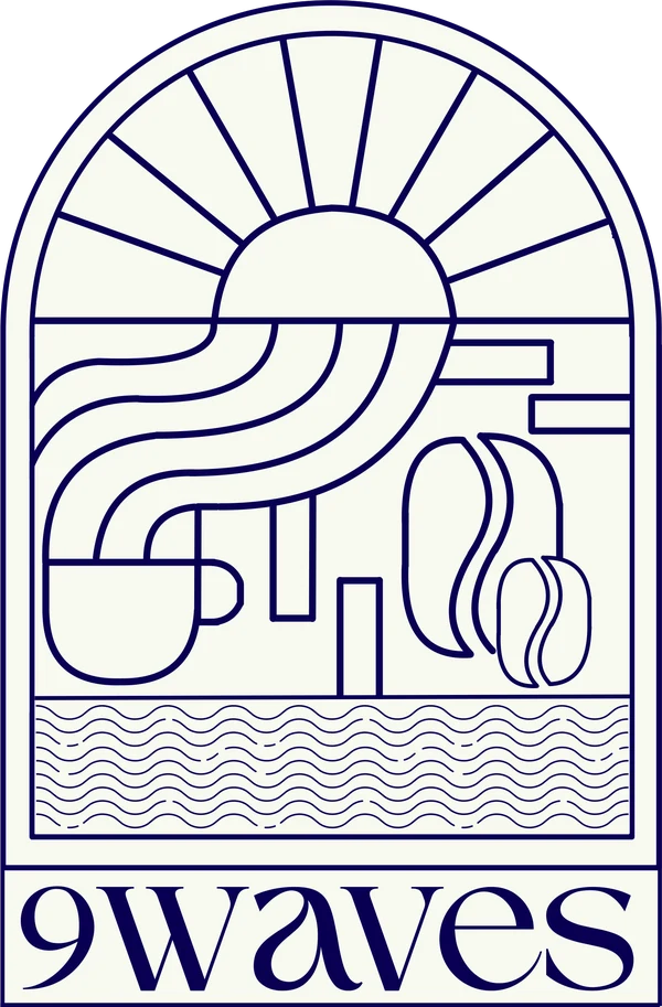 9 Waves Coffee logo: a sun rising over waves inside an arch